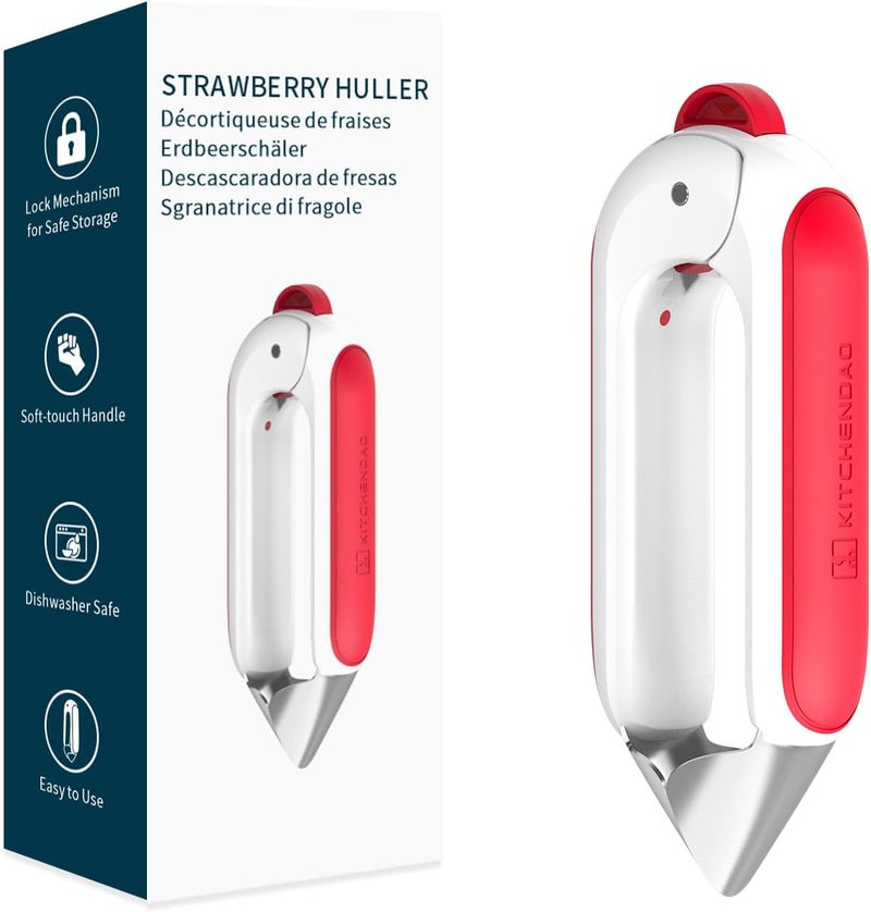 KITCHENDAO Strawberry Huller Corer Stem Remover with Safety Lock, Non-Slip Soft-touch Handle, Sharp Blades, Dishwasher Safe - Image 1