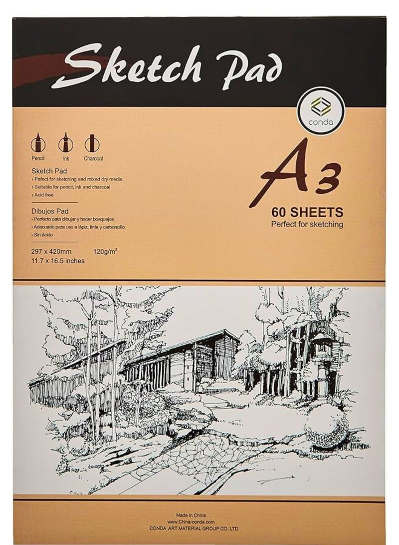 Conda A3 Sketch Paper Pad 120g, 60 Sheets (420 X 297mm) Artist Sketchbook with Thick Drawing Papers Acid Free, Professional Media for Sketching Painting Coloring Stationery, Kids & Adult Sketch Book - Image 1