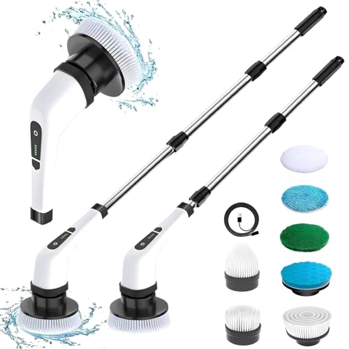 Veentus 9 in 1 Electric Spin Scrubber | 9 Replaceable Brush Heads, Adjustable Speeds, LED Display, Long Handle| Cleaning Scrubber for Car, Floor, Tile & Bathroom Cleaning Brush Electric Machine(White) - Image 1