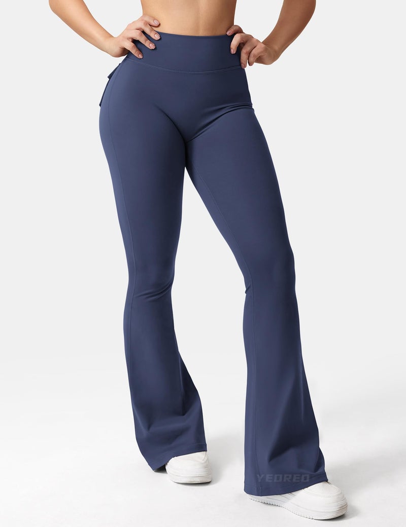 YEOREO Flare Leggings with Pockets for Women Brittany Leggings Workout Leggings for Women Butt Lifting Gym Yoga Leggings Navy Blue M - Image 3