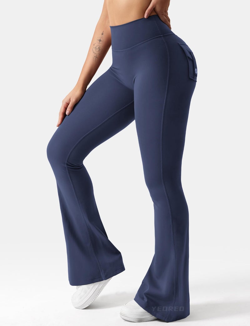 YEOREO Flare Leggings with Pockets for Women Brittany Leggings Workout Leggings for Women Butt Lifting Gym Yoga Leggings Navy Blue M - Image 4