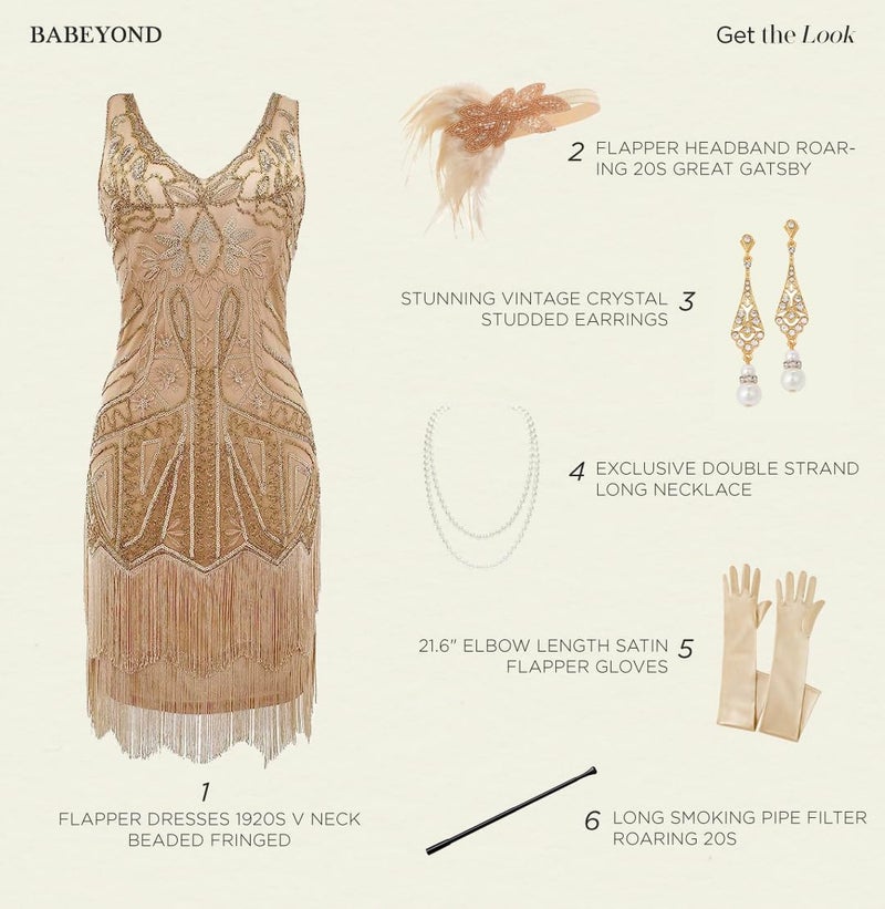 BABEYOND Womenâ€™s Flapper Dresses Set 1920s V Neck Beaded Fringed Great Gatsby Dress with Accessories Set - Image 3