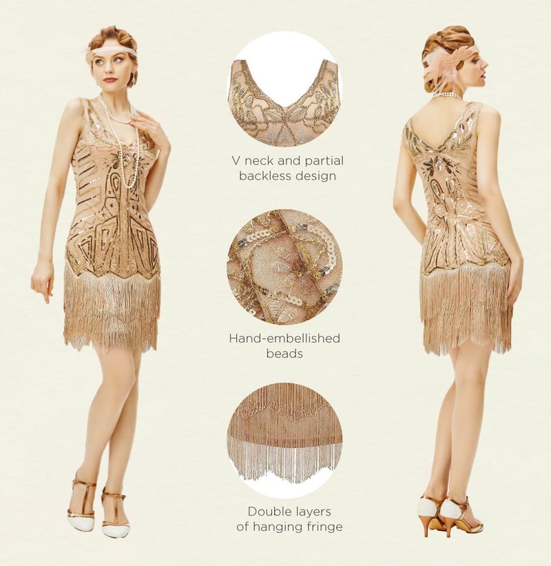 BABEYOND Womenâ€™s Flapper Dresses Set 1920s V Neck Beaded Fringed Great Gatsby Dress with Accessories Set - Image 5