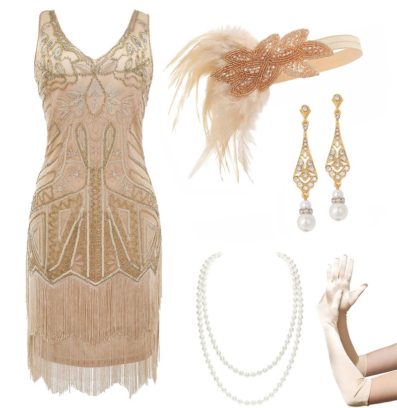 BABEYOND Womenâ€™s Flapper Dresses Set 1920s V Neck Beaded Fringed Great Gatsby Dress with Accessories Set - Image 1