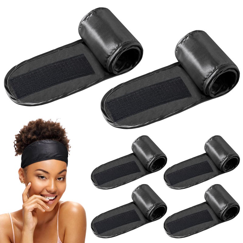 Hercicy 6 Packs Black Satin Spa Headband Silk Adjustable Spa Hair Wrap Facial Headband Terry Cloth for Women Sleep Makeup - Image 1