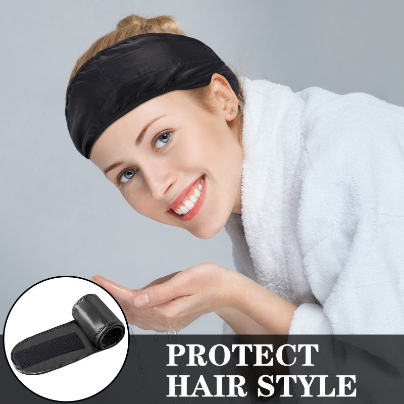 Hercicy 6 Packs Black Satin Spa Headband Silk Adjustable Spa Hair Wrap Facial Headband Terry Cloth for Women Sleep Makeup - Image 5