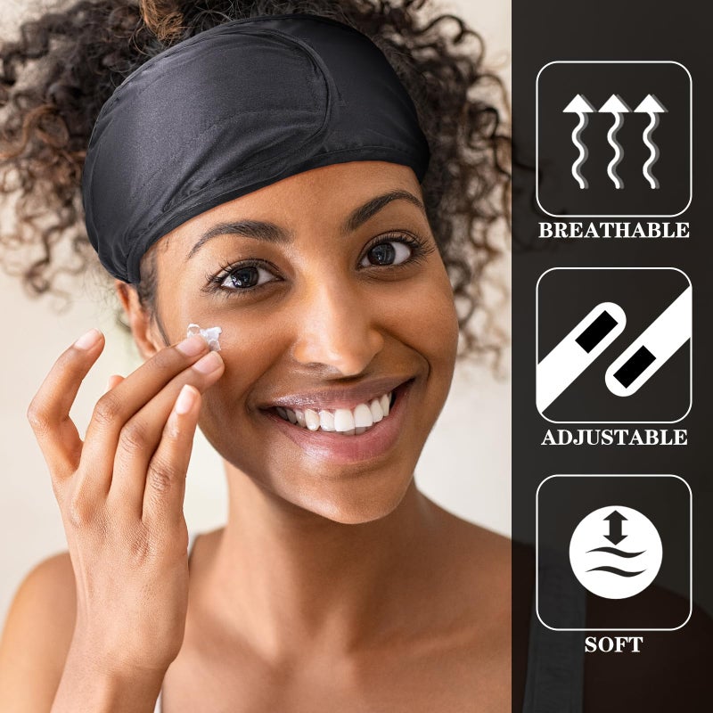 Hercicy 6 Packs Black Satin Spa Headband Silk Adjustable Spa Hair Wrap Facial Headband Terry Cloth for Women Sleep Makeup - Image 2