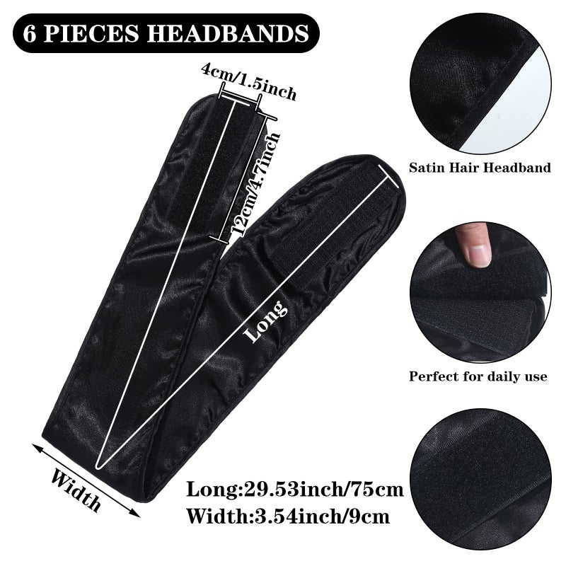Hercicy 6 Packs Black Satin Spa Headband Silk Adjustable Spa Hair Wrap Facial Headband Terry Cloth for Women Sleep Makeup - Image 3