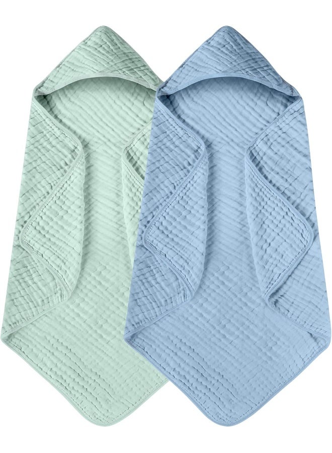Yoofoss Hooded Baby Towels for Newborn 2 Pack 100% Muslin Organic Cotton Baby Bath Towel with Hood for Babies, Infant, Toddler and Kids, 32x32Inch, Soft and Absorbent Newborn Essential,Blue&Green - Image 1