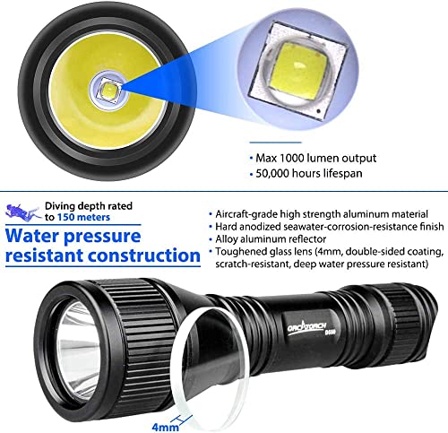 ORCATORCH D550 Scuba Dive Light - 1000 Lumens Underwater Flashlight with 3 Modes, IP68 Waterproof Submersible Torch with Wrist Strap for Hands-Free Diving - Image 2