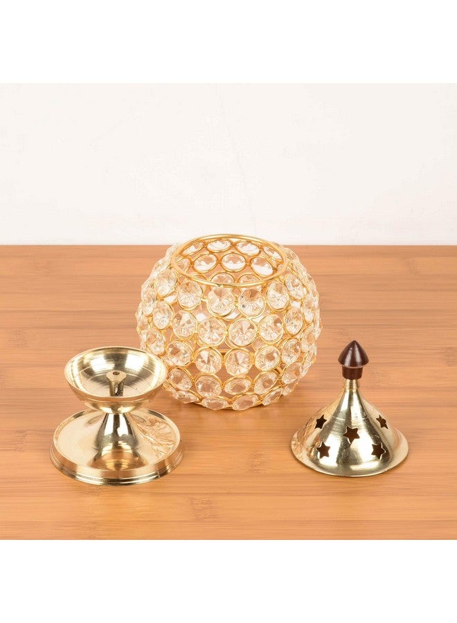 Collectible India Brass Akhand Diya for Puja Decorative Crystal Oil Lamp Tea Light Holder Lantern Oval Shape Diwali Lights for Decoration (Medium) - Image 3