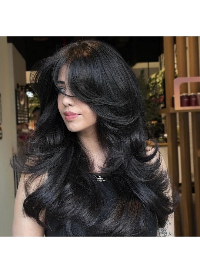 Long Wavy Black Layered Wig With Curtain Bangs For Black Women,Synthetic Layered Long Wavy Wig Butterfly Haircut Wigs With Thin Hair For Women 24Inch(1B)