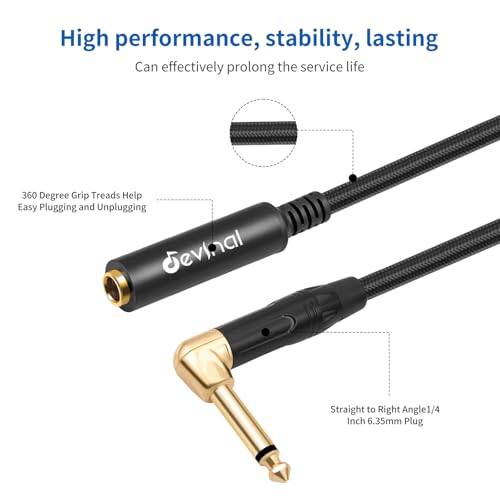 Devinal Right Angle 1/4 Inch TS Male to 1/4 Inch TS Female Cable, 6.35mm Mono Connector Patch Extension Adapter Best for V Shape Guitar 1 FT - Image 2
