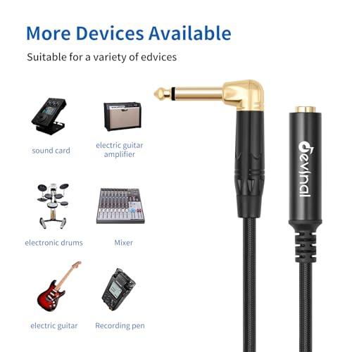 Devinal Right Angle 1/4 Inch TS Male to 1/4 Inch TS Female Cable, 6.35mm Mono Connector Patch Extension Adapter Best for V Shape Guitar 1 FT - Image 4