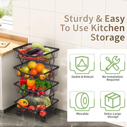 Newzealkids Fruit Basket for Kitchen 4 Tier Stackable Fruit Vegetable Storage Baskets with Wheels Metal Wire Storage Basket Organizer Cart for Kitchen Livingroom Diningroom Office, Black - Image 2