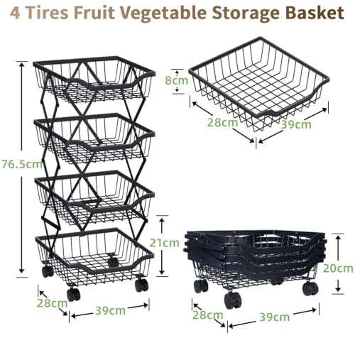 Newzealkids Fruit Basket for Kitchen 4 Tier Stackable Fruit Vegetable Storage Baskets with Wheels Metal Wire Storage Basket Organizer Cart for Kitchen Livingroom Diningroom Office, Black - Image 3