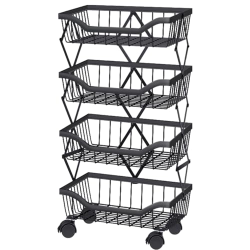 Newzealkids Fruit Basket for Kitchen 4 Tier Stackable Fruit Vegetable Storage Baskets with Wheels Metal Wire Storage Basket Organizer Cart for Kitchen Livingroom Diningroom Office, Black - Image 1