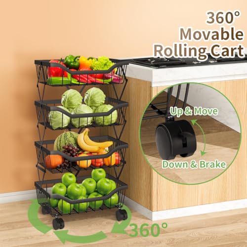Newzealkids Fruit Basket for Kitchen 4 Tier Stackable Fruit Vegetable Storage Baskets with Wheels Metal Wire Storage Basket Organizer Cart for Kitchen Livingroom Diningroom Office, Black - Image 5