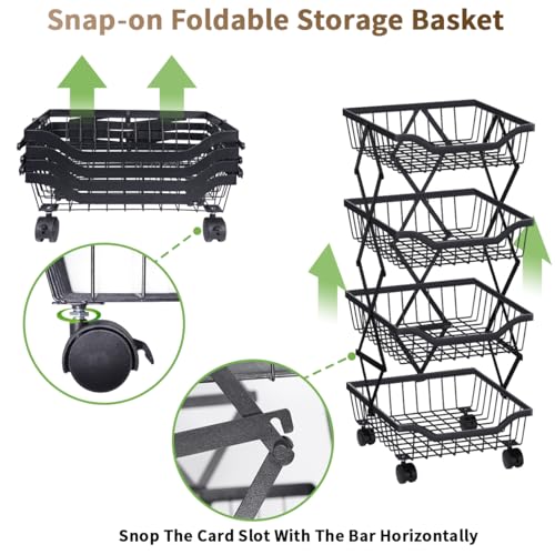 Newzealkids Fruit Basket for Kitchen 4 Tier Stackable Fruit Vegetable Storage Baskets with Wheels Metal Wire Storage Basket Organizer Cart for Kitchen Livingroom Diningroom Office, Black - Image 4
