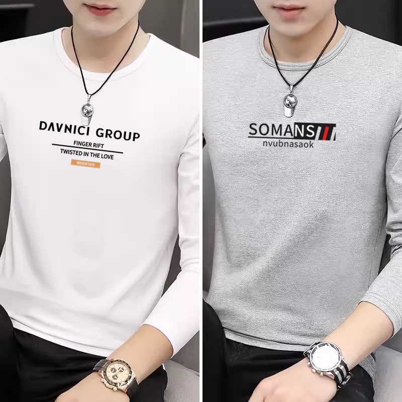 New pure cotton men's long-sleeved t-shirt trendy young and middle-aged round-neck T-shirt loose top and base shirt - Image 2