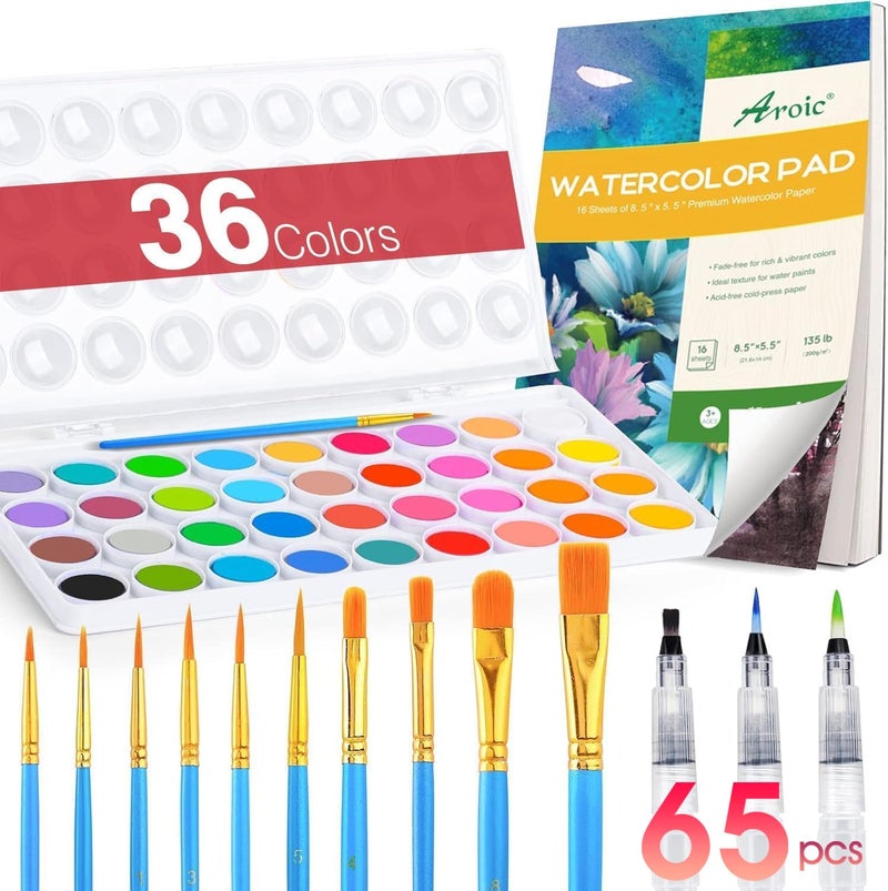 AROIC 65 Pieces Watercolor Paint Set36 Colors Watercolor10 Brushes3 Refillable Water Brush Pens16 Page Pad85 55inProfesional Watercolor Kit for Adults Artists Beginners