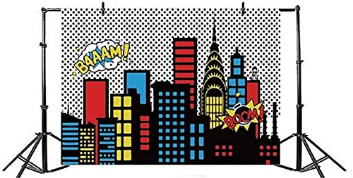 AOFOTO 7x5ft Cartoon Super City Backdrop Boy Birthday Banner Urban Night Cityscape Bomb Downtown Buildings Photography Background Bang Boom Skyscraper Kid Newborn Portrait Photo Studio Props Vinyl - Image 4