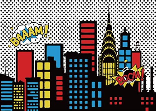 AOFOTO 7x5ft Cartoon Super City Backdrop Boy Birthday Banner Urban Night Cityscape Bomb Downtown Buildings Photography Background Bang Boom Skyscraper Kid Newborn Portrait Photo Studio Props Vinyl - Image 2