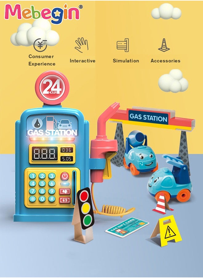 MEBEGIN - Gas Station Set with 2 Cars and Multi Tools, Petrol Station Learning Toy with 10 Children's Songs and Lights, Funny Play House Toys, Early Education Toys, Ideal Gift for Kids, 3 AA Batteries Required(Not Included), 17*24cm - Image 1