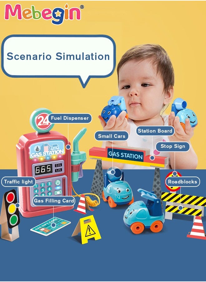 MEBEGIN - Gas Station Set with 2 Cars and Multi Tools, Petrol Station Learning Toy with 10 Children's Songs and Lights, Funny Play House Toys, Early Education Toys, Ideal Gift for Kids, 3 AA Batteries Required(Not Included), 17*24cm - Image 1