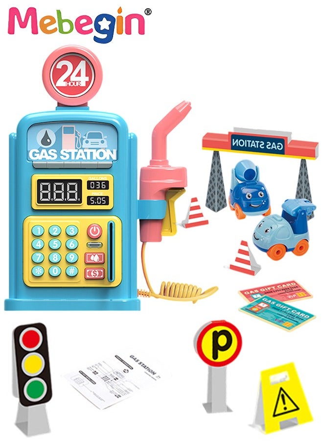 MEBEGIN - Gas Station Set with 2 Cars and Multi Tools, Petrol Station Learning Toy with 10 Children's Songs and Lights, Funny Play House Toys, Early Education Toys, Ideal Gift for Kids, 3 AA Batteries Required(Not Included), 17*24cm - Image 1