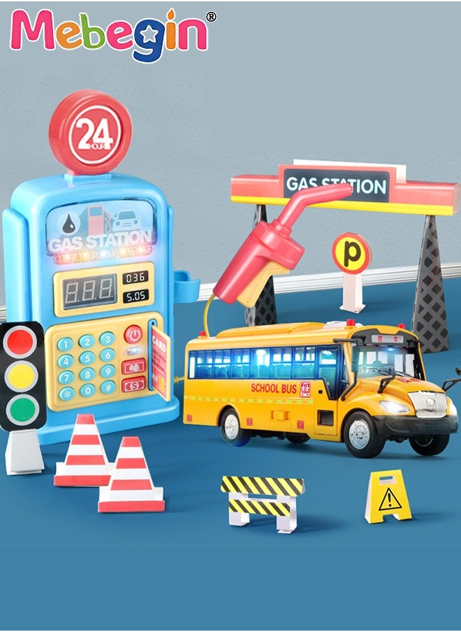 MEBEGIN - Gas Station Set with 2 Cars and Multi Tools, Petrol Station Learning Toy with 10 Children's Songs and Lights, Funny Play House Toys, Early Education Toys, Ideal Gift for Kids, 3 AA Batteries Required(Not Included), 17*24cm - Image 1