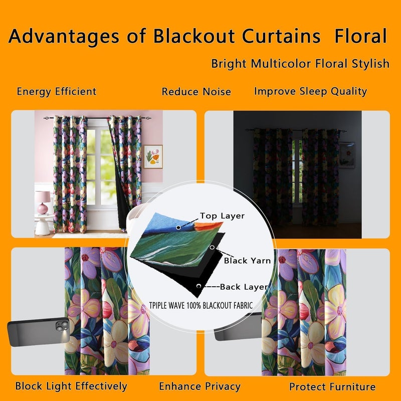 BFAM Floral Print 100% Blackout Curtain with Black Linning at Back,Lavender Purple Floral Print Curtains for Living Room/Bedroom Thermal Insulated Energey Saving 7 Feet Pack of 1 Curtain - Image 4
