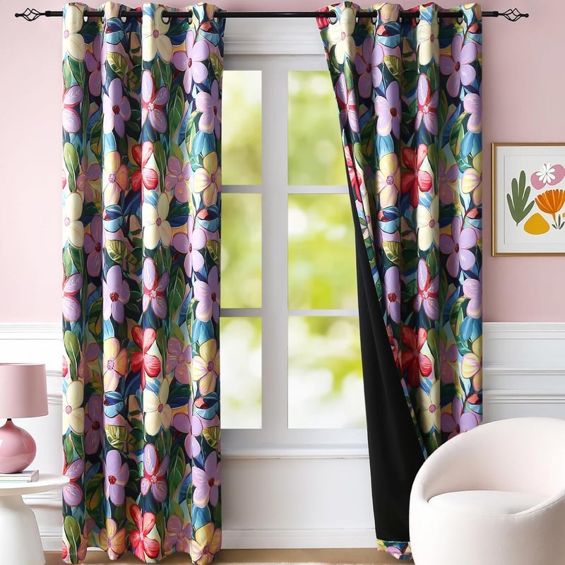 BFAM Floral Print 100% Blackout Curtain with Black Linning at Back,Lavender Purple Floral Print Curtains for Living Room/Bedroom Thermal Insulated Energey Saving 7 Feet Pack of 1 Curtain - Image 1