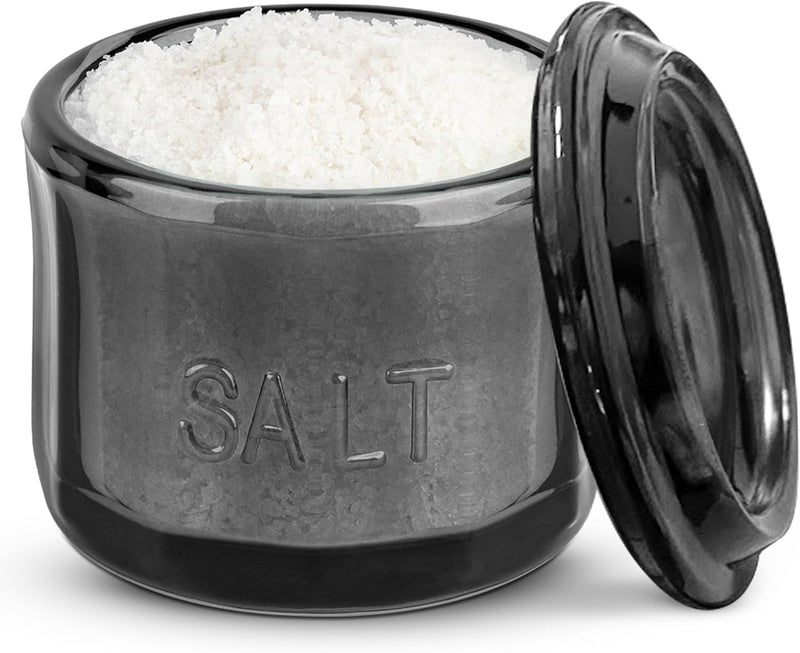 Kook Glass Salt Cellar, with Airtight Lid, Embossed Pressed Glass, Clear Storage Container, for Coffee, Sugar, Spices and Candies, Dishwasher Safe, 10 oz (Black) - Image 1