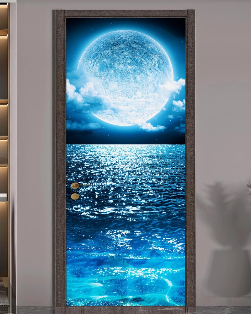 FLFK Door Sticker  Door Mural Peel and Stick Removable SelfAdhesive Ocean Moon Wallpaper for Home Decor 303 W x 787 L Set of 2 Sheets