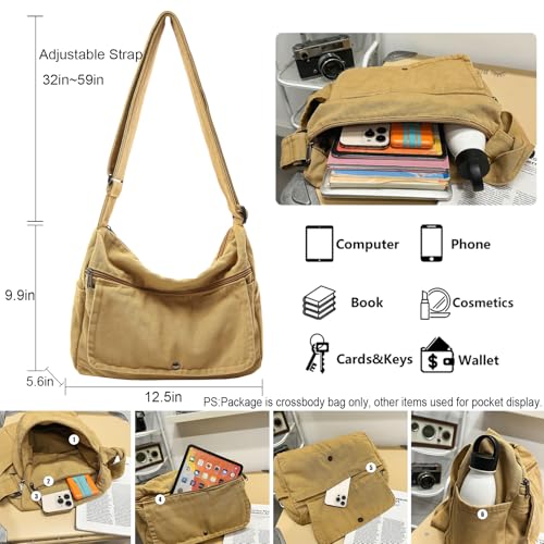 PRAGARI Canvas Messenger Bag for Women Hobo Crossbody Shoulder Bag Vintage Satchel Tote Handbag with Multiple Pockets - Image 4