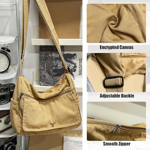 PRAGARI Canvas Messenger Bag for Women Hobo Crossbody Shoulder Bag Vintage Satchel Tote Handbag with Multiple Pockets - Image 5