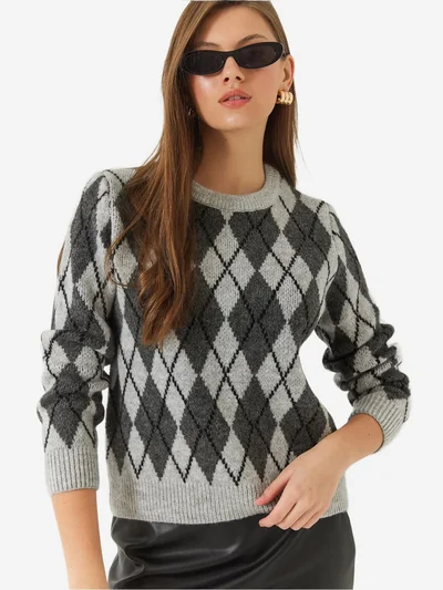 Bianco Lucci LUCCI Baklava Pattern Crew Neck Knitted Sweater