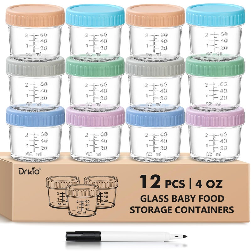 DRKIO 12 Pack Glass Baby Food Storage Containers - 4 Oz Baby Food Jars with Lids Baby Food Maker Microwave Dishwasher Freezer Safe 100% Leak Proof BPA Free Reusable - Image 1