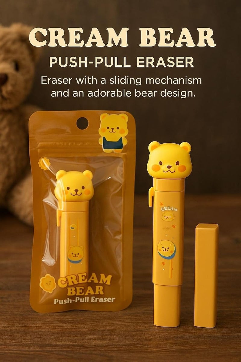 Parshya Cute Cream Beear Push-Pull Eraser | Fun Retractable Design | Ideal for Homework, Art, & Office Use - Image 4