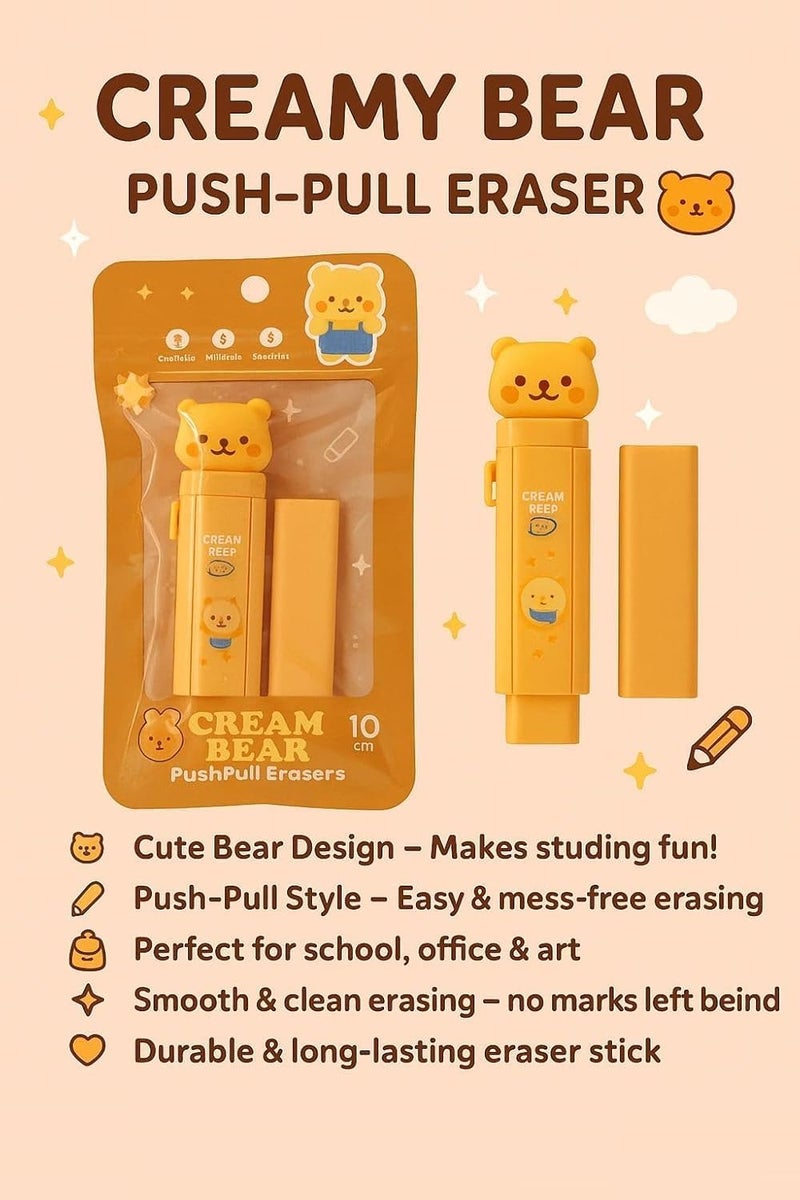 Parshya Cute Cream Beear Push-Pull Eraser | Fun Retractable Design | Ideal for Homework, Art, & Office Use - Image 3