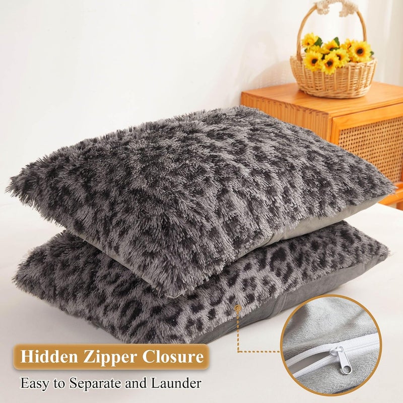 XeGe Cheetah Print Faux Fur Fluffy Pillowcases, Plush Shaggy Soft Long Pillow Covers, Fuzzy Decorative Leopard Print Pillow Cases, Furry Pillow Shams for Bed Couch Zipper, Set of 2(King, Light Grey) - Image 3