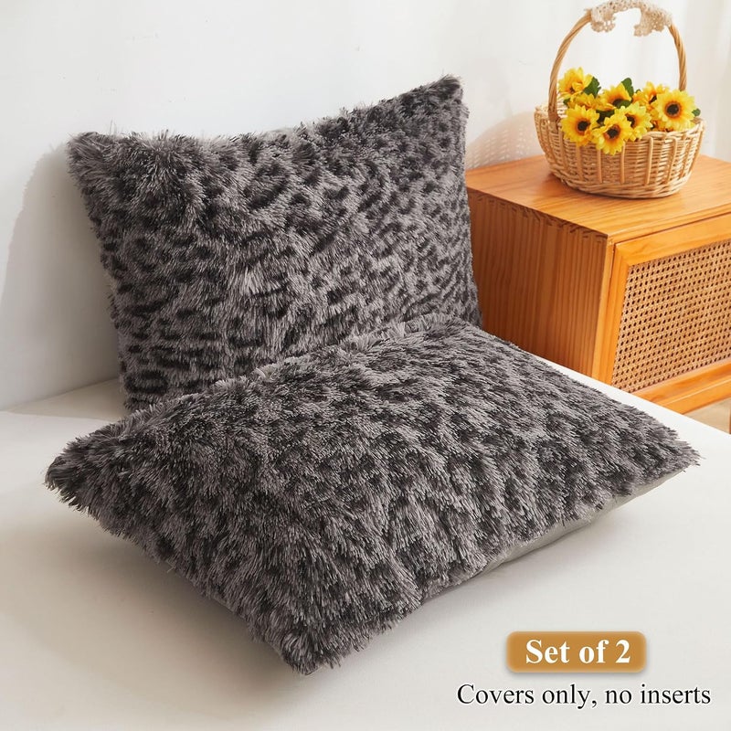 XeGe Cheetah Print Faux Fur Fluffy Pillowcases, Plush Shaggy Soft Long Pillow Covers, Fuzzy Decorative Leopard Print Pillow Cases, Furry Pillow Shams for Bed Couch Zipper, Set of 2(King, Light Grey) - Image 2