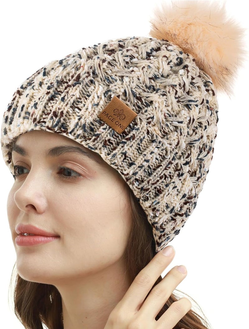 PAGE ONE Womens Winter Ribbed Beanie Crossed Cap Chunky Cable Knit Pompom Soft Warm Hat - Image 2