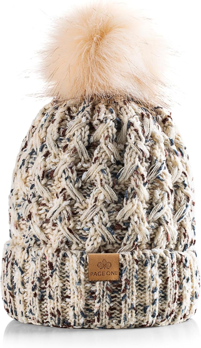 PAGE ONE Womens Winter Ribbed Beanie Crossed Cap Chunky Cable Knit Pompom Soft Warm Hat - Image 1
