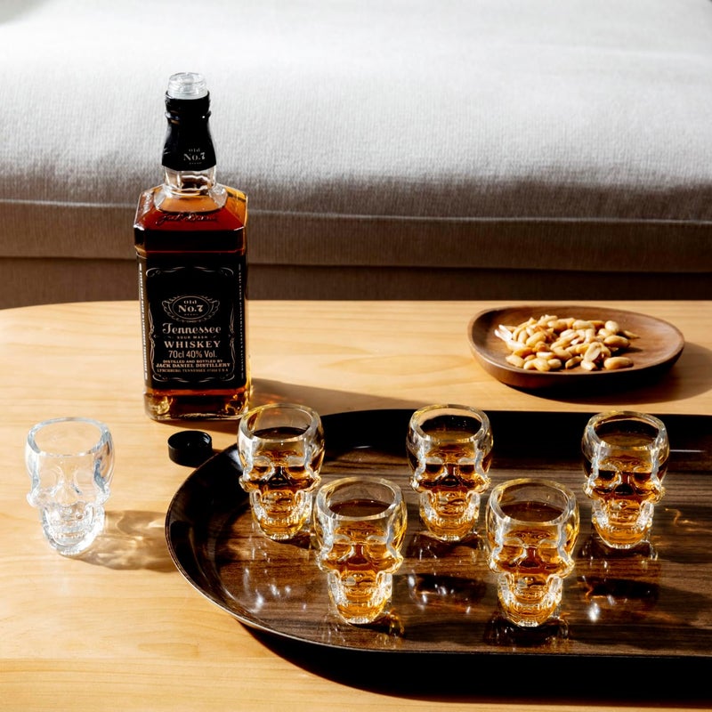 MyGift مجموعة MyGift من 6 أكواب شوت على شكل جمجمة سعة 28 أونصة زجاج شفاف لأدوات الشرب للعيد الهالوين وبارات الكوكتيل وديكور المنزل تصميم جمجمة ثلاثي الأبعاد مخيف - Image 4