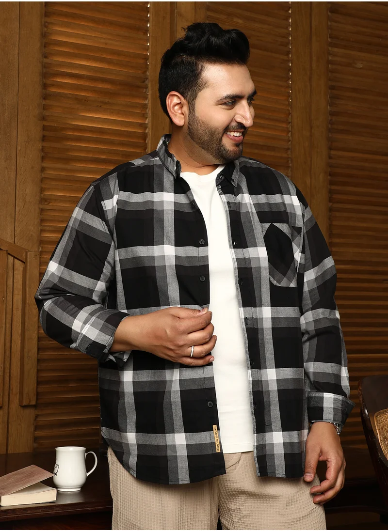 انستافاب بلس Instafab Plus Men's Onyx Black Pixelated-Check Relaxed Shirt For Casual Wear | Spread Collar | Long Cuffed Sleeves | Button Closure | Plus Size Shirt Crafted With Comfort Fit For Everyday Wear