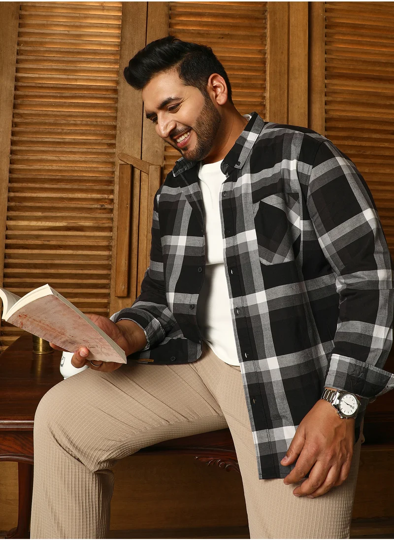انستافاب بلس Instafab Plus Men's Onyx Black Pixelated-Check Relaxed Shirt For Casual Wear | Spread Collar | Long Cuffed Sleeves | Button Closure | Plus Size Shirt Crafted With Comfort Fit For Everyday Wear