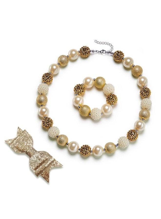 vcmart Girls Gold Chunky Bubblegum Beaded Necklace & Bracelet Set as Gifts, Plastic - Image 1