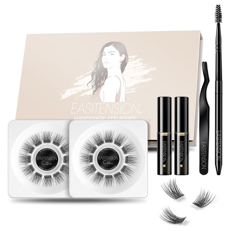 EASITENSION DIY Eyelash Extension 3D Effect Glue Bonded Band Cluster Lashes Individual Lash Clusters Volume Lashes Set At Home Eyelash Extension C curl Lashes Pack 12mm14mm KIT